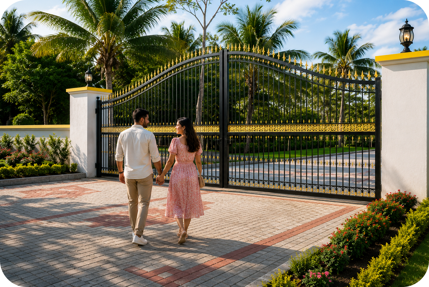 Secure gated entry gate at Mannvaasam Farms with couple walking in
