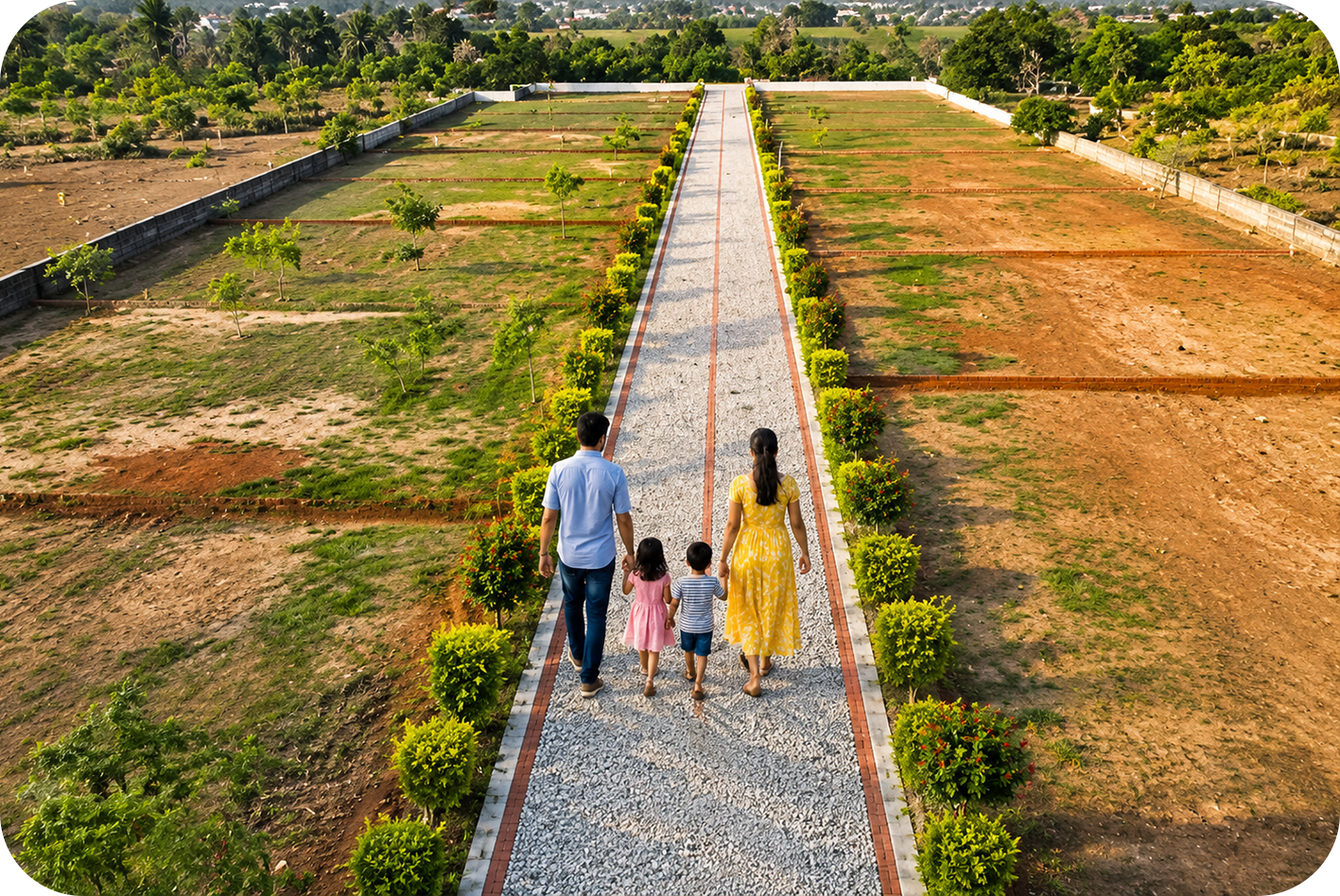 Family walking along wide landscaped internal path at Mannvaasam Farms