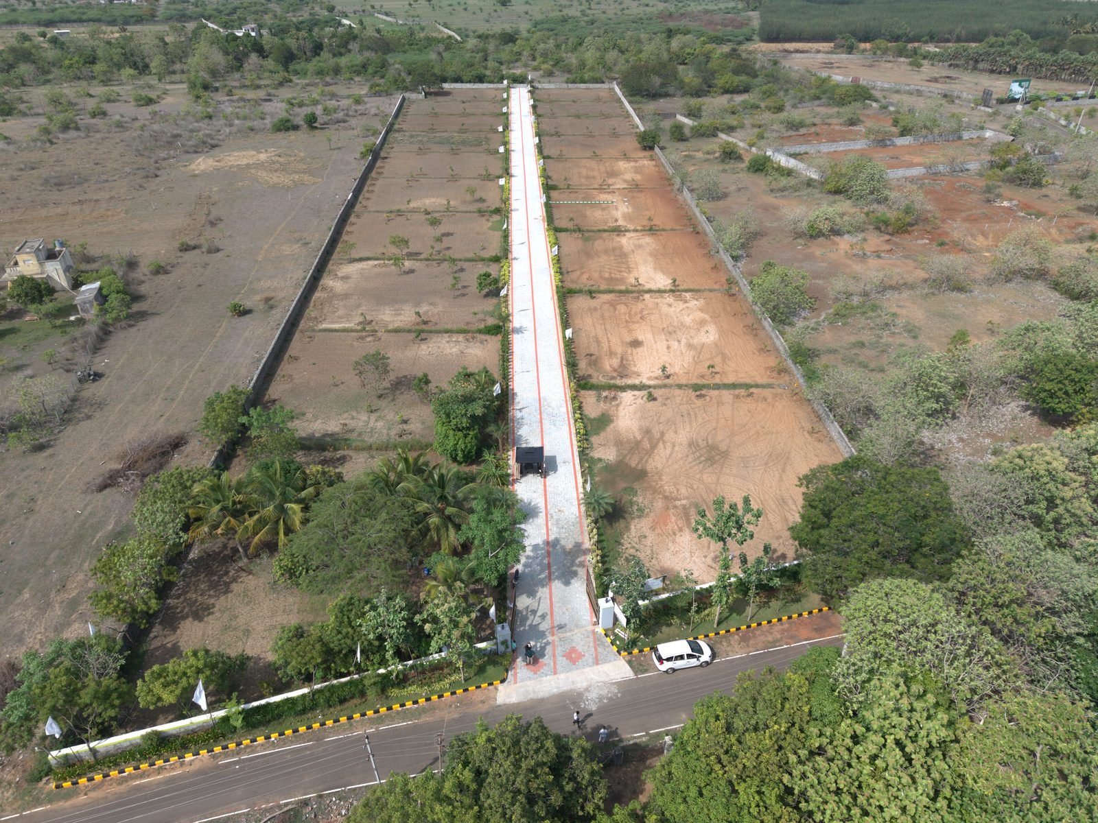 Aerial view of the plotted layout at Mannvaasam Farms near Mahabalipuram