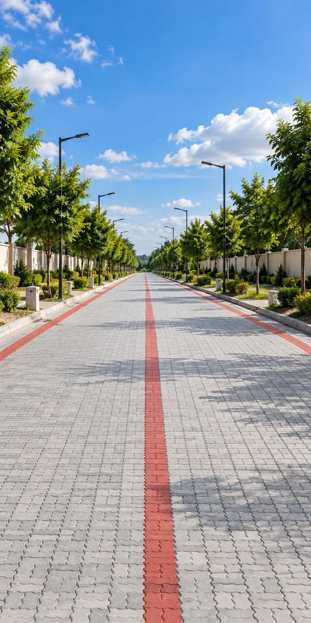 Wide interlocking paver road through the layout