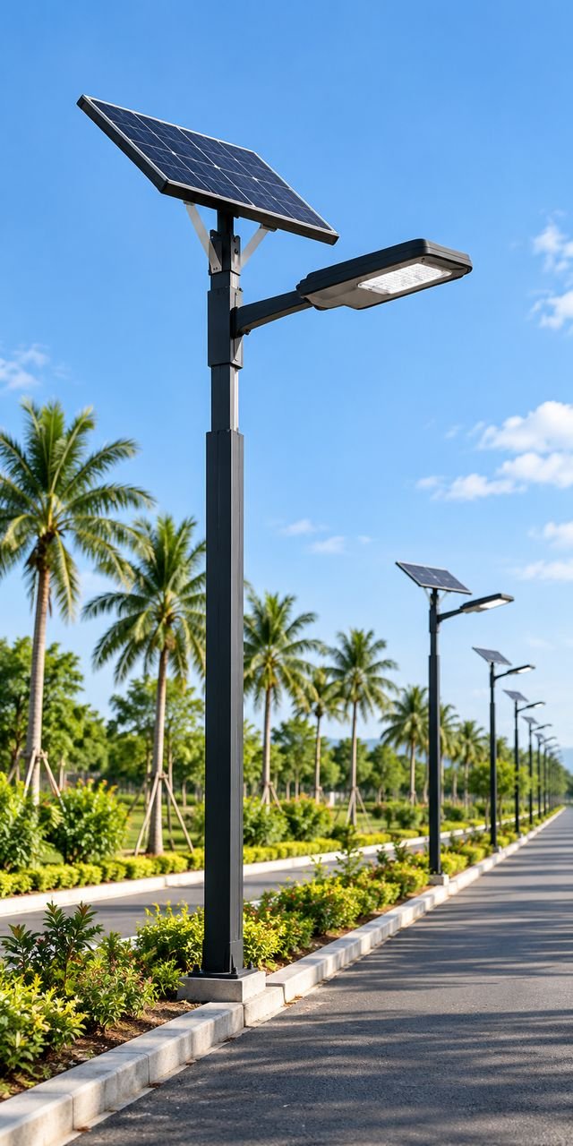 Solar street light along a landscaped avenue